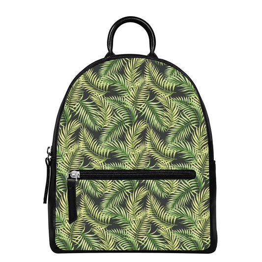 Green Tropical Palm Leaf Pattern Print Leather Backpack