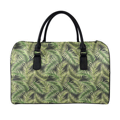 Green Tropical Palm Leaf Pattern Print Leather Duffle Bag