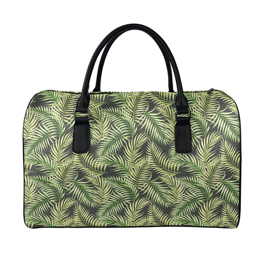 Green Tropical Palm Leaf Pattern Print Leather Duffle Bag