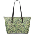 Green Tropical Palm Leaf Pattern Print Leather Tote Bag With Zipper