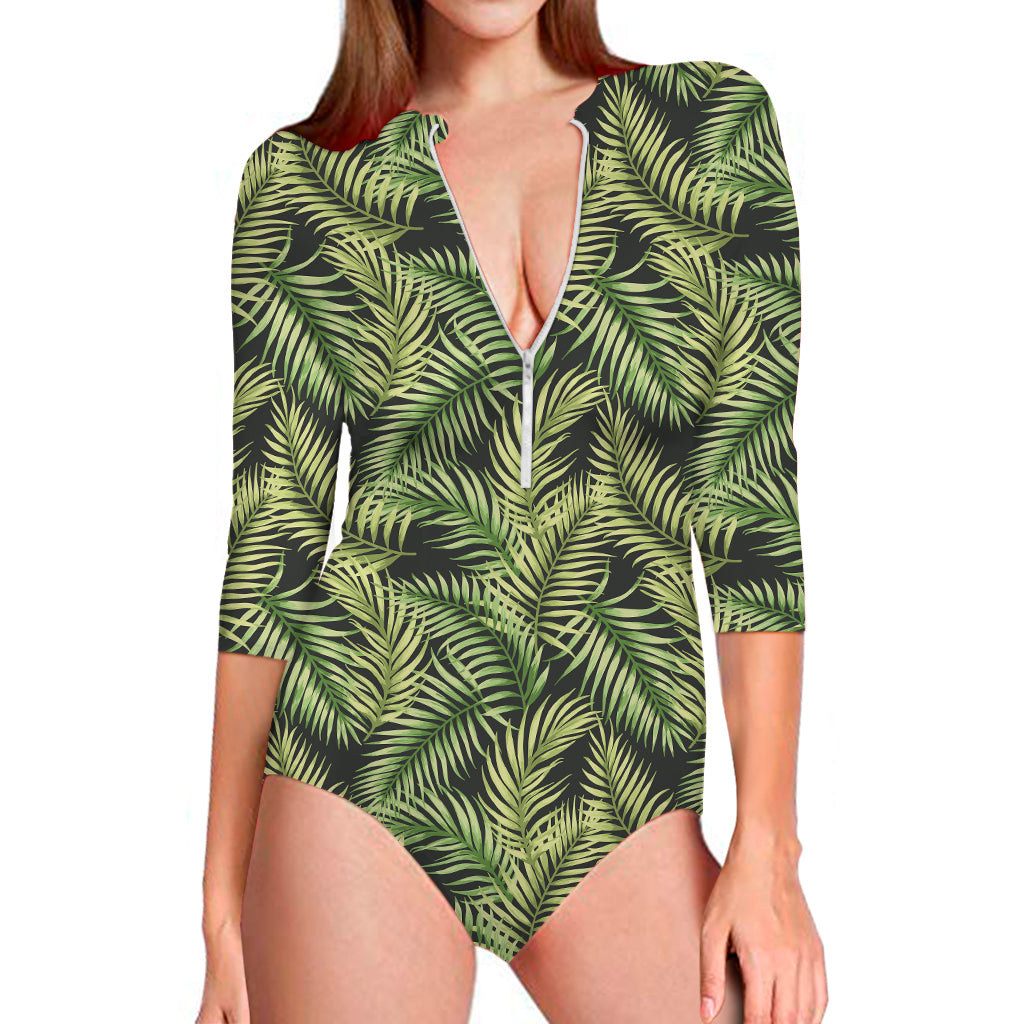 Green Tropical Palm Leaf Pattern Print Long Sleeve Swimsuit