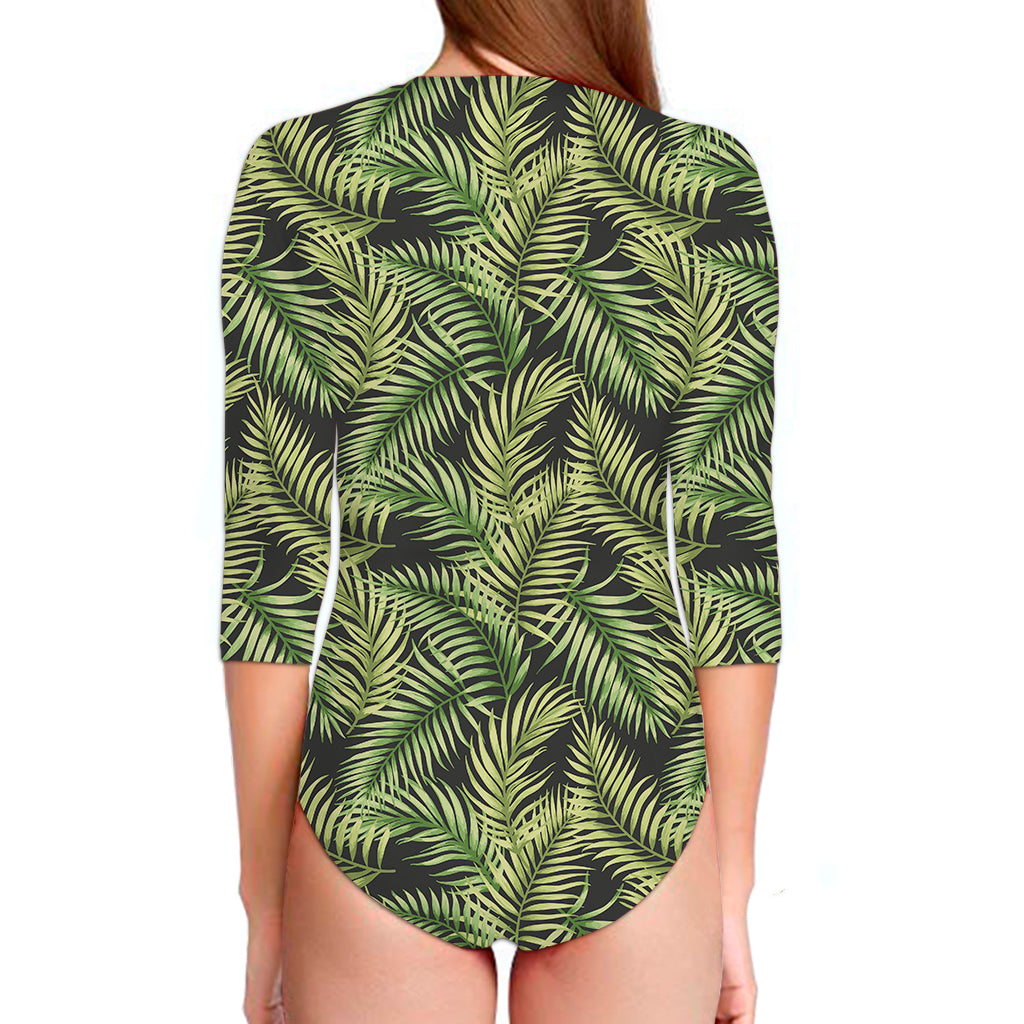 Green Tropical Palm Leaf Pattern Print Long Sleeve Swimsuit