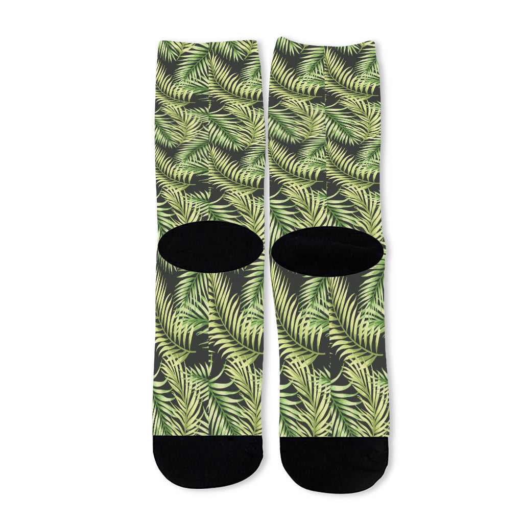 Green Tropical Palm Leaf Pattern Print Long Socks