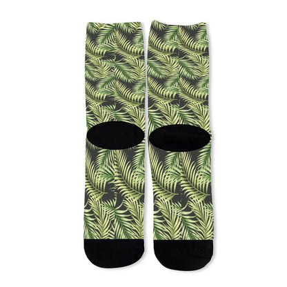 Green Tropical Palm Leaf Pattern Print Long Socks