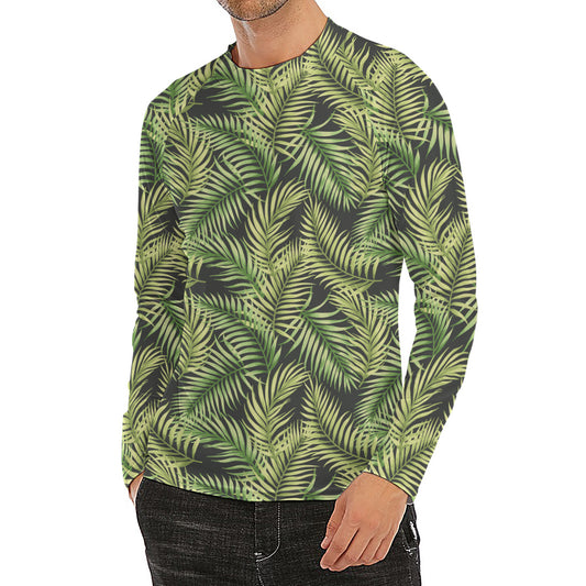 Green Tropical Palm Leaf Pattern Print Men's Long Sleeve Rash Guard