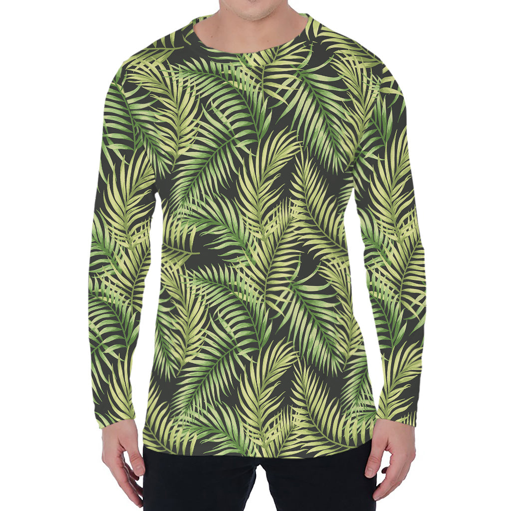 Green Tropical Palm Leaf Pattern Print Men's Long Sleeve T-Shirt