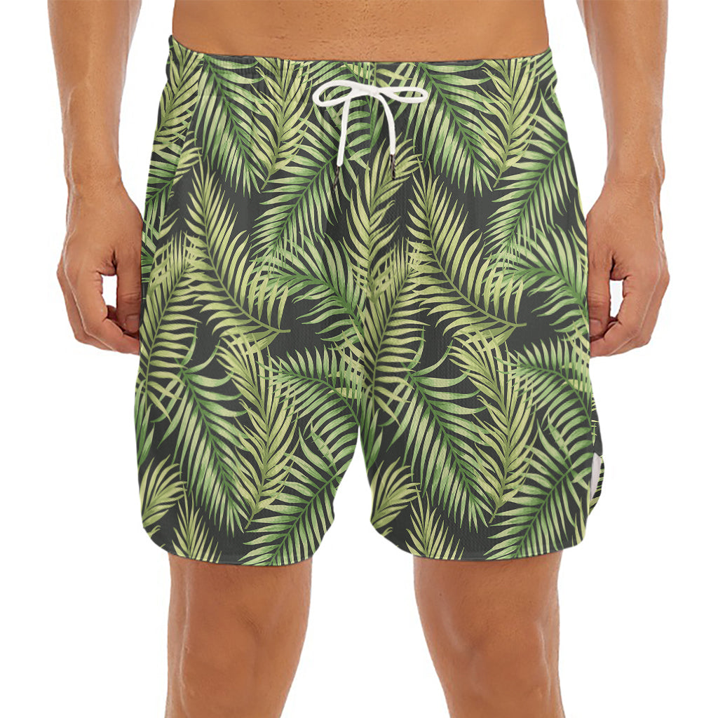 Green Tropical Palm Leaf Pattern Print Men's Split Running Shorts