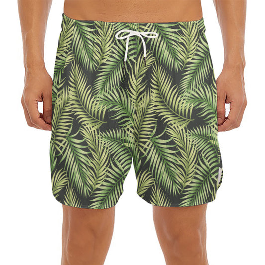 Green Tropical Palm Leaf Pattern Print Men's Split Running Shorts