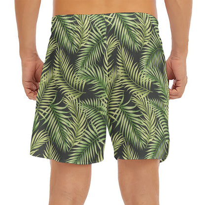Green Tropical Palm Leaf Pattern Print Men's Split Running Shorts