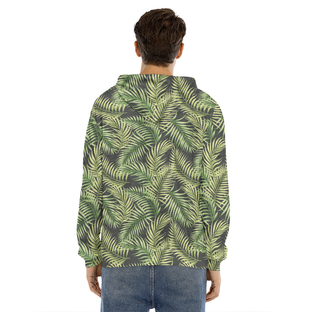 Green Tropical Palm Leaf Pattern Print Men's Velvet Pullover Hoodie
