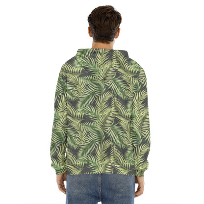 Green Tropical Palm Leaf Pattern Print Men's Velvet Pullover Hoodie