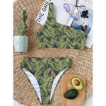 Green Tropical Palm Leaf Pattern Print One Shoulder Bikini Top