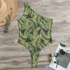 Green Tropical Palm Leaf Pattern Print One Shoulder Bodysuit