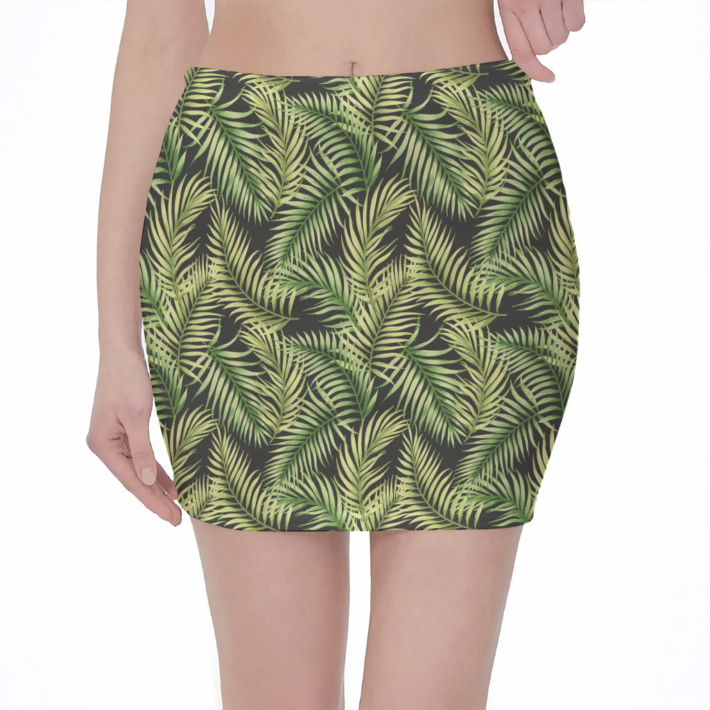 Green Tropical Palm Leaf Pattern Print Pencil Mini Skirt
