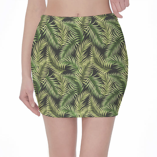 Green Tropical Palm Leaf Pattern Print Pencil Mini Skirt