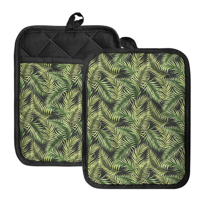 Green Tropical Palm Leaf Pattern Print Pot Holders With Pocket