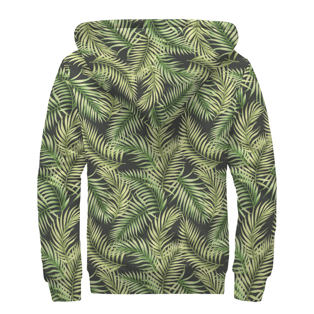 Green Tropical Palm Leaf Pattern Print Sherpa Lined Zip Up Hoodie