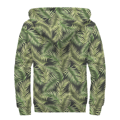 Green Tropical Palm Leaf Pattern Print Sherpa Lined Zip Up Hoodie