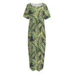 Green Tropical Palm Leaf Pattern Print Short Sleeve Long Nightdress