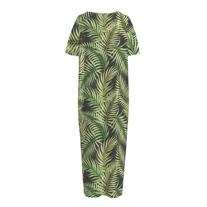 Green Tropical Palm Leaf Pattern Print Short Sleeve Long Nightdress