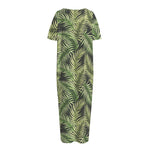 Green Tropical Palm Leaf Pattern Print Short Sleeve Long Nightdress
