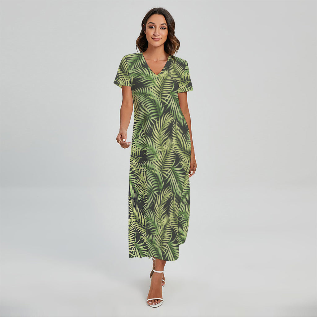 Green Tropical Palm Leaf Pattern Print Short Sleeve Maxi Dress