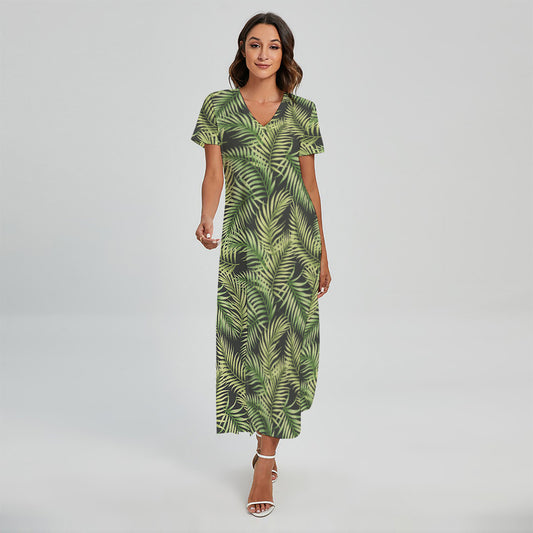 Green Tropical Palm Leaf Pattern Print Short Sleeve Maxi Dress