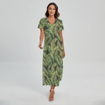 Green Tropical Palm Leaf Pattern Print Short Sleeve Maxi Dress