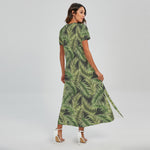 Green Tropical Palm Leaf Pattern Print Short Sleeve Maxi Dress