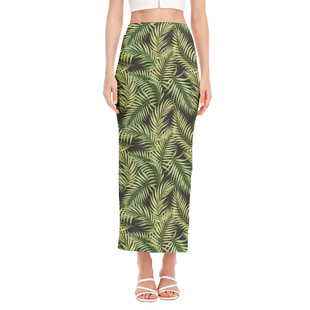Green Tropical Palm Leaf Pattern Print Side Slit Maxi Skirt
