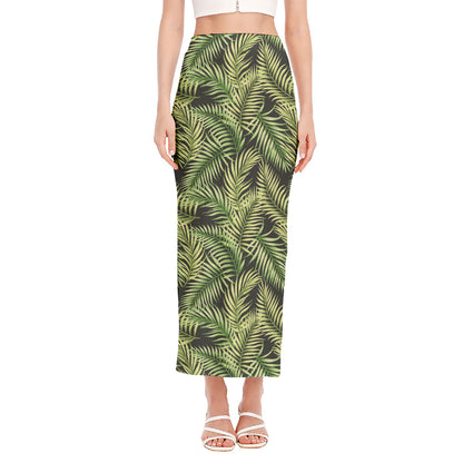Green Tropical Palm Leaf Pattern Print Side Slit Maxi Skirt
