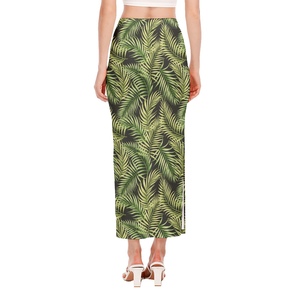 Green Tropical Palm Leaf Pattern Print Side Slit Maxi Skirt