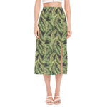 Green Tropical Palm Leaf Pattern Print Side Slit Midi Skirt