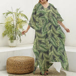 Green Tropical Palm Leaf Pattern Print Silk V-Neck Kaftan Dress