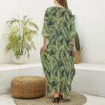 Green Tropical Palm Leaf Pattern Print Silk V-Neck Kaftan Dress
