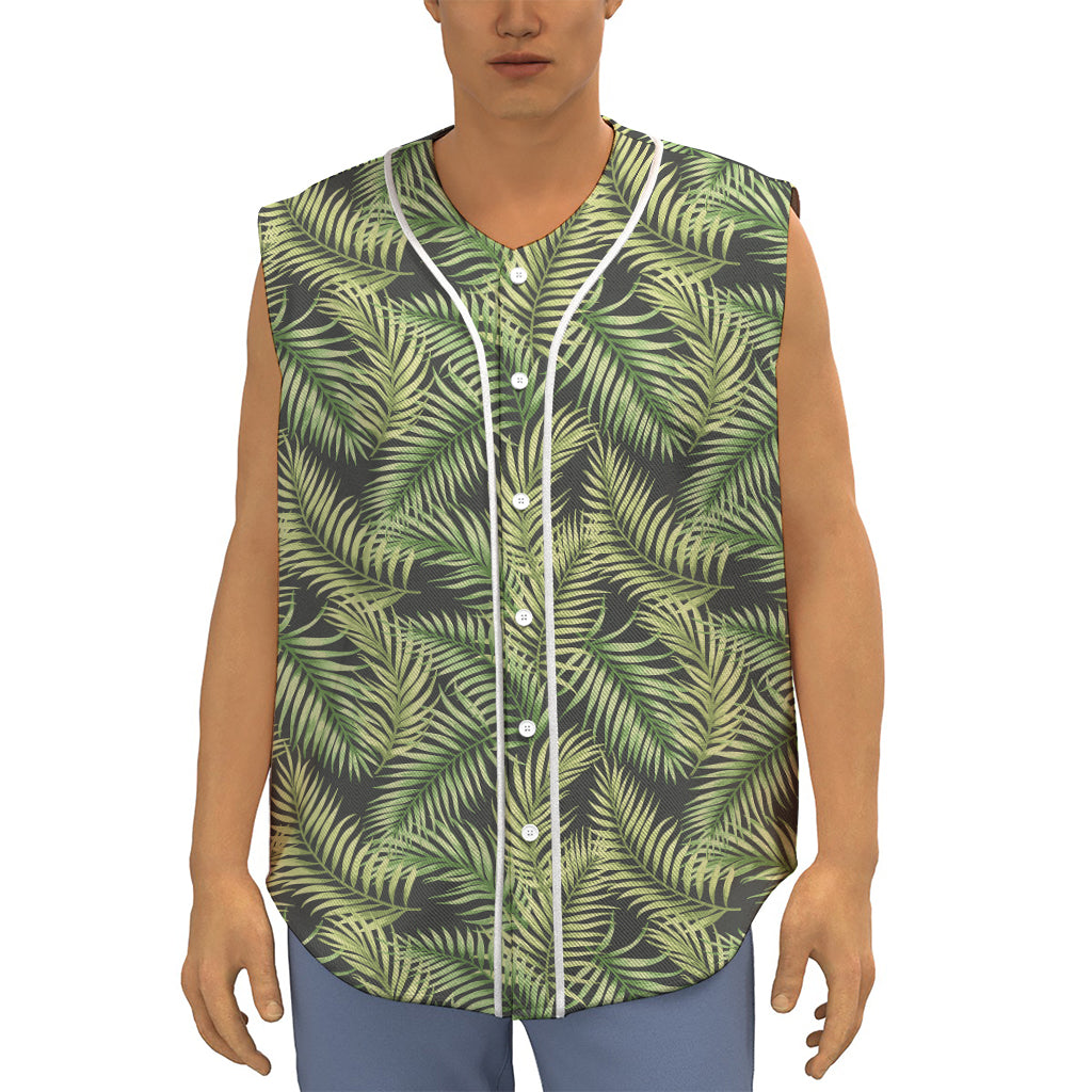 Green Tropical Palm Leaf Pattern Print Sleeveless Baseball Jersey