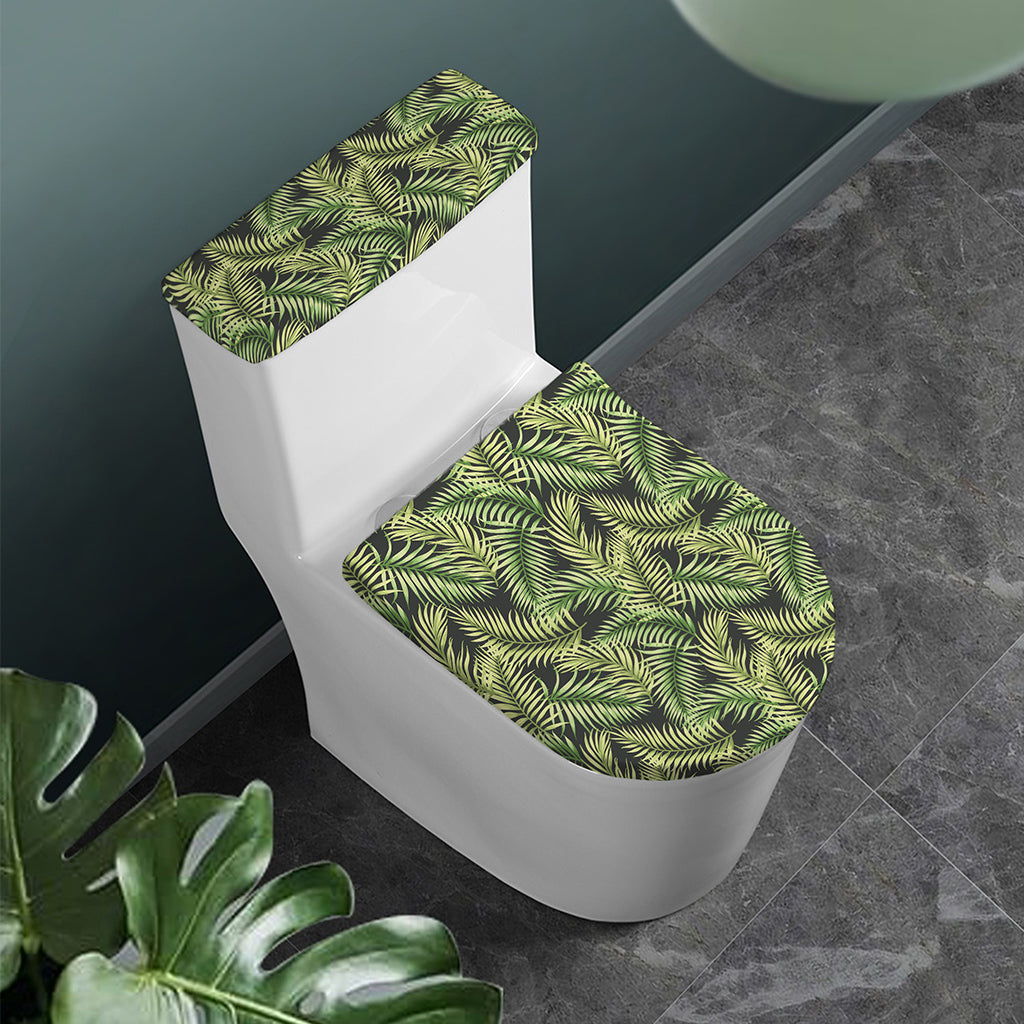 Green Tropical Palm Leaf Pattern Print Toilet Lid And Tank Cover Set
