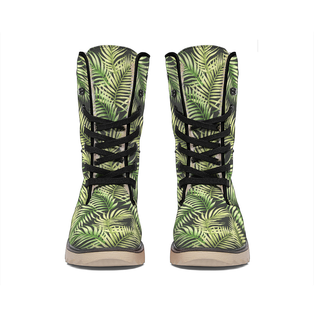Green Tropical Palm Leaf Pattern Print Winter Boots