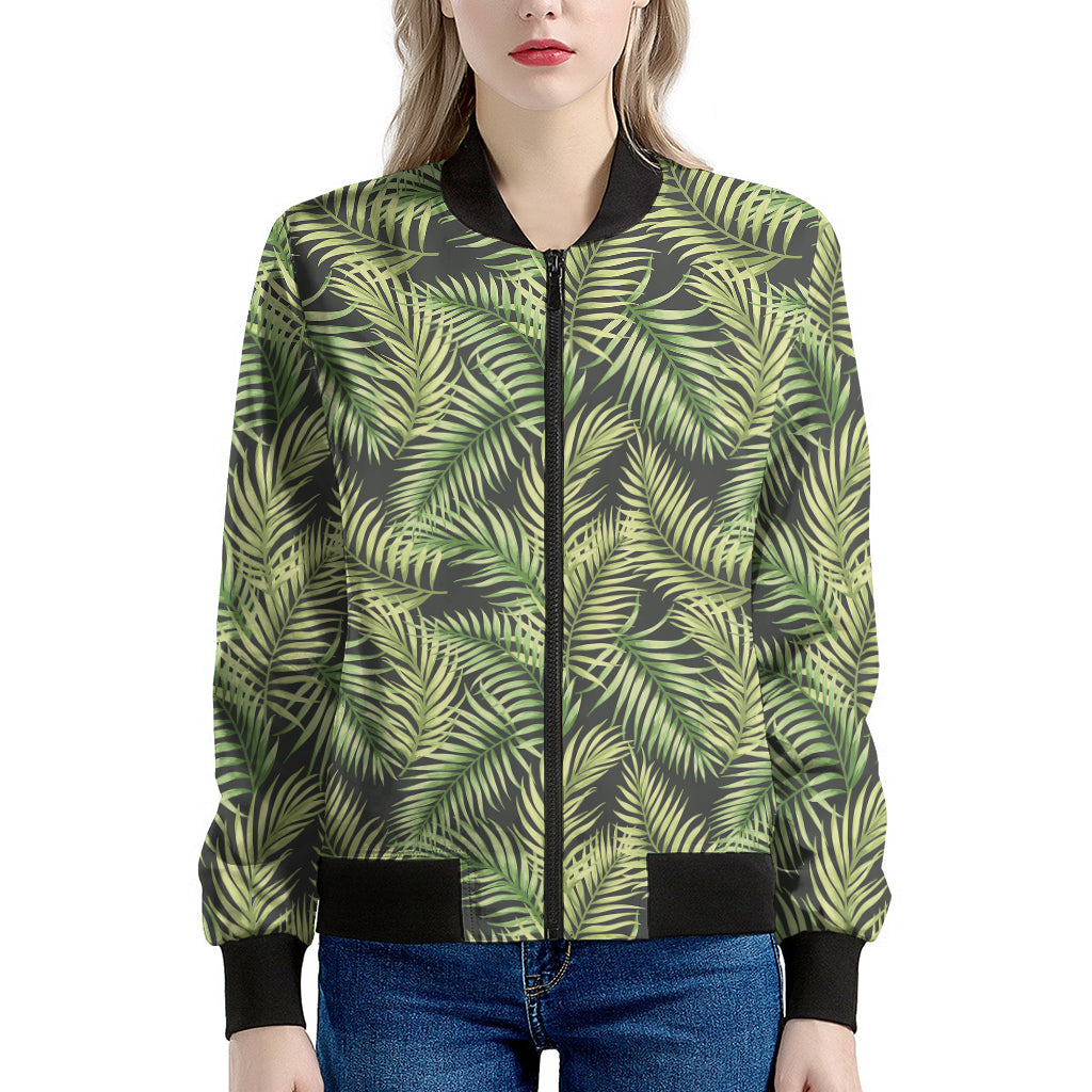 Green Tropical Palm Leaf Pattern Print Women's Bomber Jacket