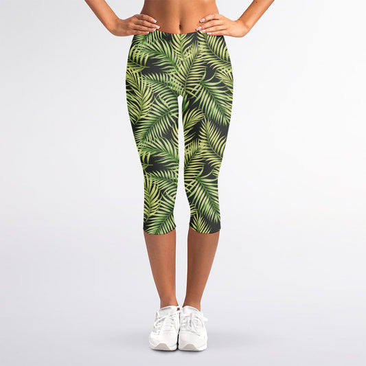 Green Tropical Palm Leaf Pattern Print Women's Capri Leggings