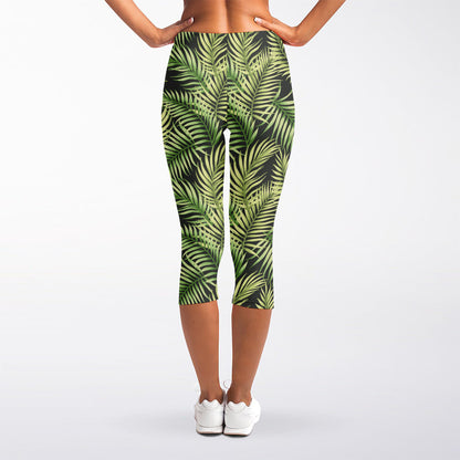 Green Tropical Palm Leaf Pattern Print Women's Capri Leggings