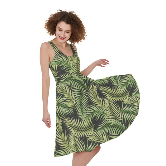 Green Tropical Palm Leaf Pattern Print Women's Sleeveless Dress