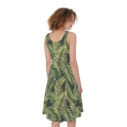 Green Tropical Palm Leaf Pattern Print Women's Sleeveless Dress