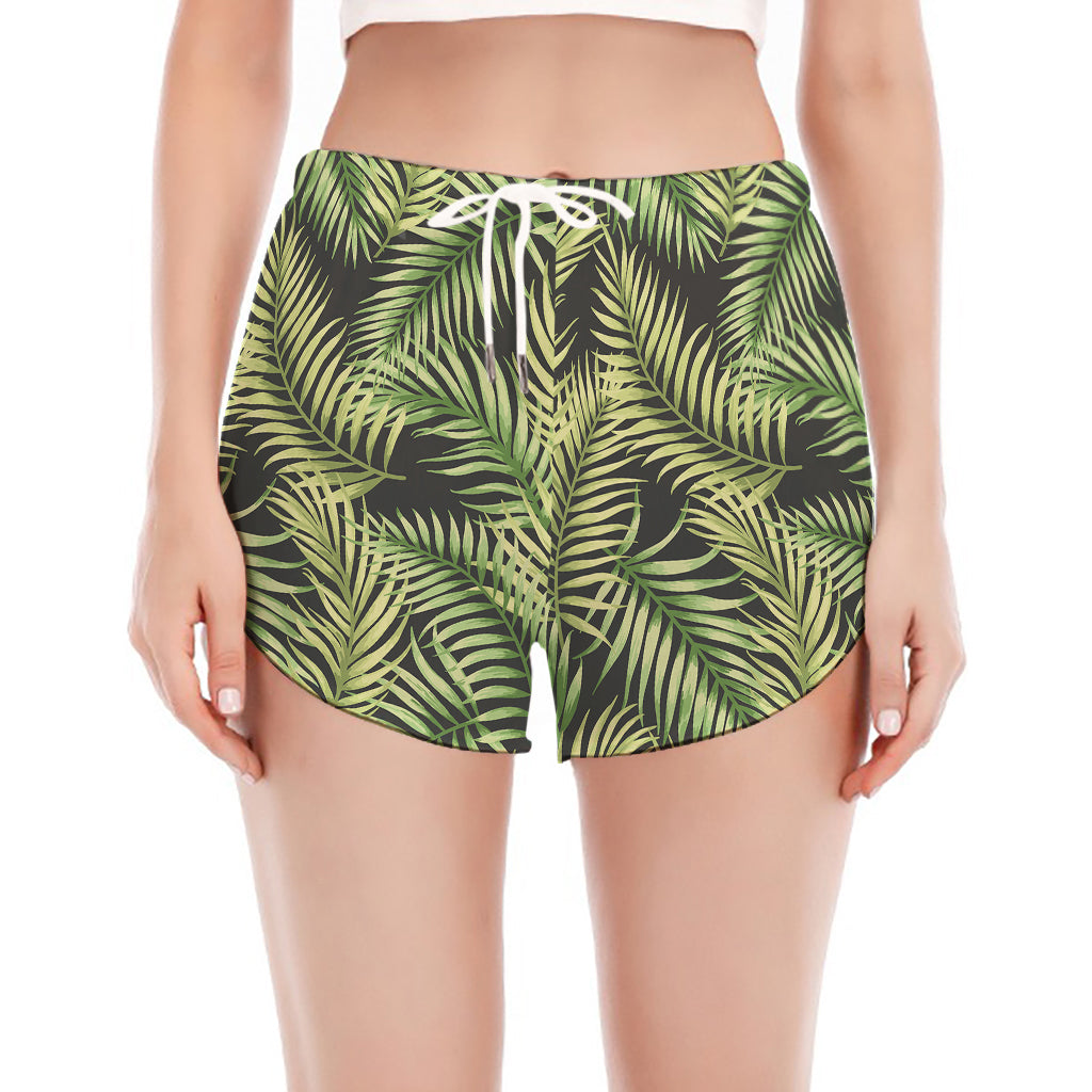Green Tropical Palm Leaf Pattern Print Women's Split Running Shorts