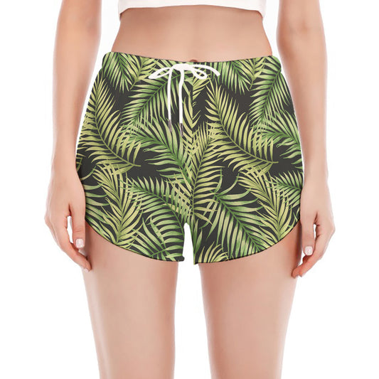 Green Tropical Palm Leaf Pattern Print Women's Split Running Shorts