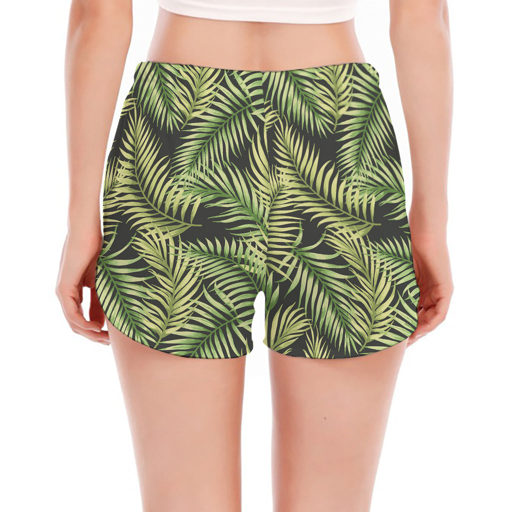 Green Tropical Palm Leaf Pattern Print Women's Split Running Shorts