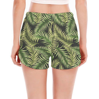 Green Tropical Palm Leaf Pattern Print Women's Split Running Shorts