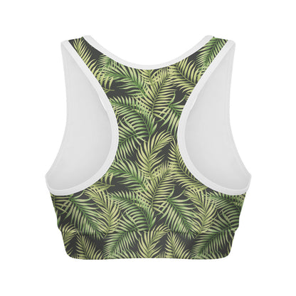 Green Tropical Palm Leaf Pattern Print Women's Sports Bra
