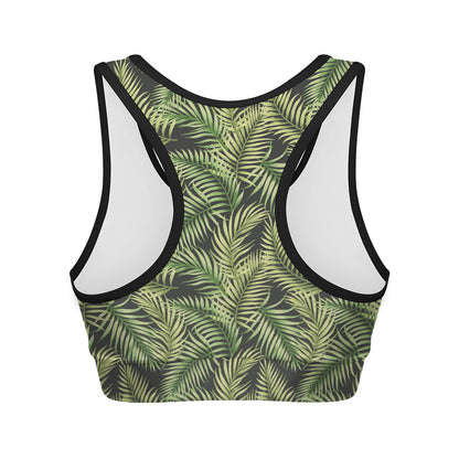 Green Tropical Palm Leaf Pattern Print Women's Sports Bra