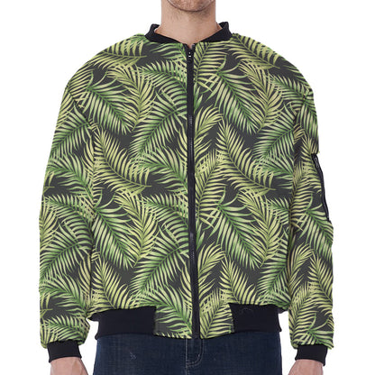 Green Tropical Palm Leaf Pattern Print Zip Sleeve Bomber Jacket